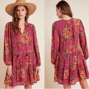 FARM BY RIO ANTHROPOLOGIE eyelet tiered tunic dress size Small pink hibiscus